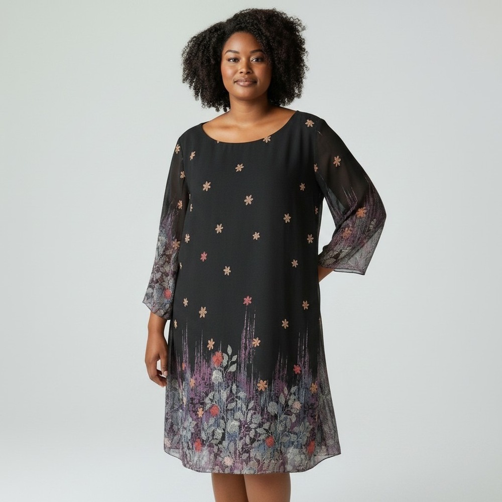 Grace Karin 2X Black Floral Dress‎ Sheer Sleeve Boho Shift Plus Size Chiffon